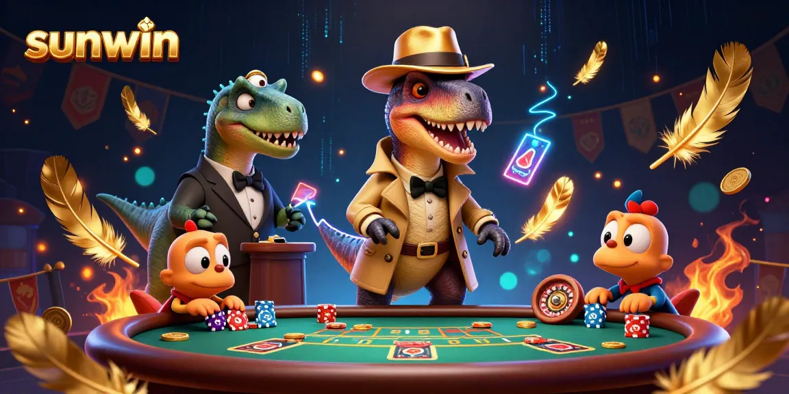 Experience thrilling action at Sunwin casino with cartoon velociraptor at blackjack table, fire decorations.
