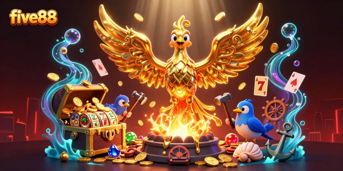 Experience thrilling wins at five88 in a vibrant, ultra-detailed 3D casino scene filled with riches.