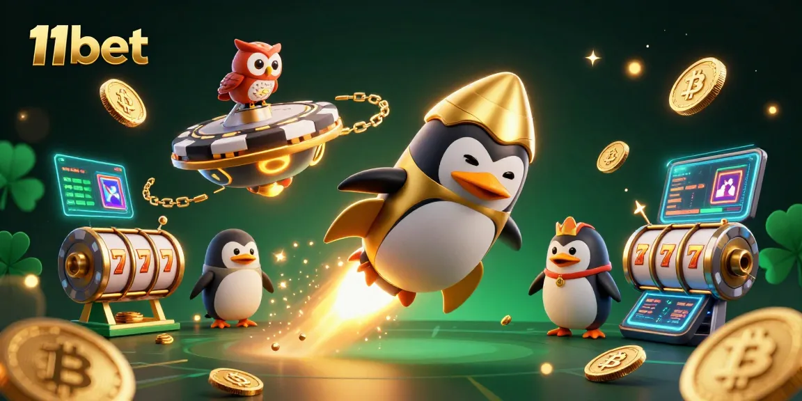 Engage with the vibrant 11bet casino adventure featuring a golden penguin in space.