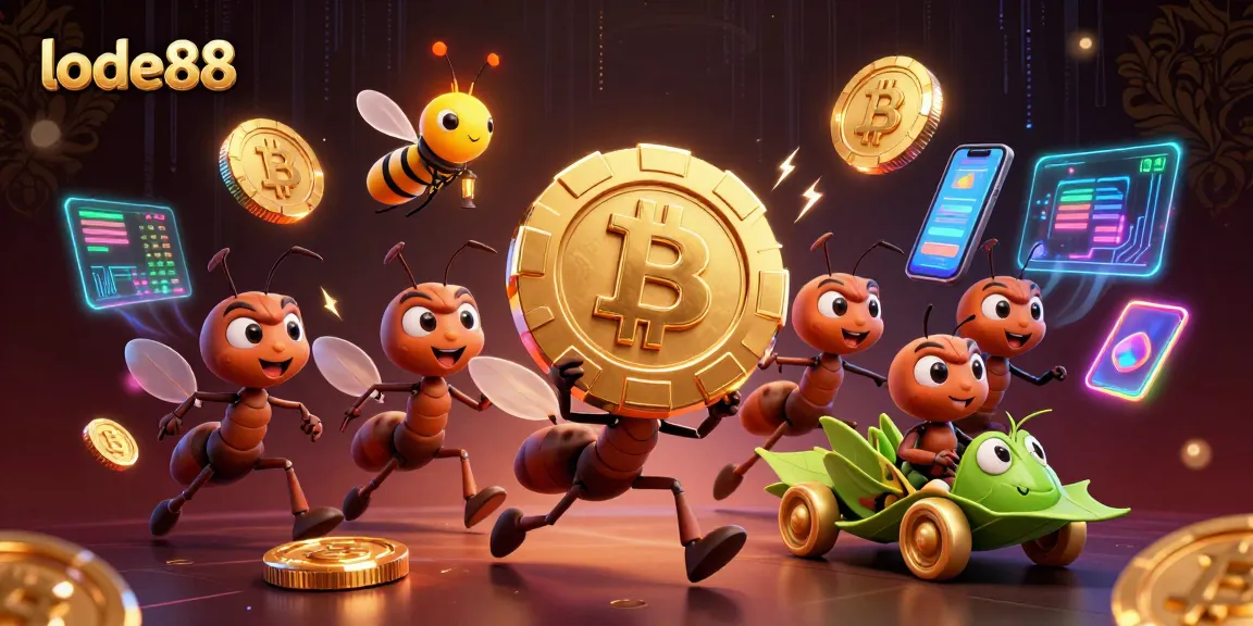 Lode88 team of ants on a heist, carrying a giant poker chip, amidst glowing crypto coins