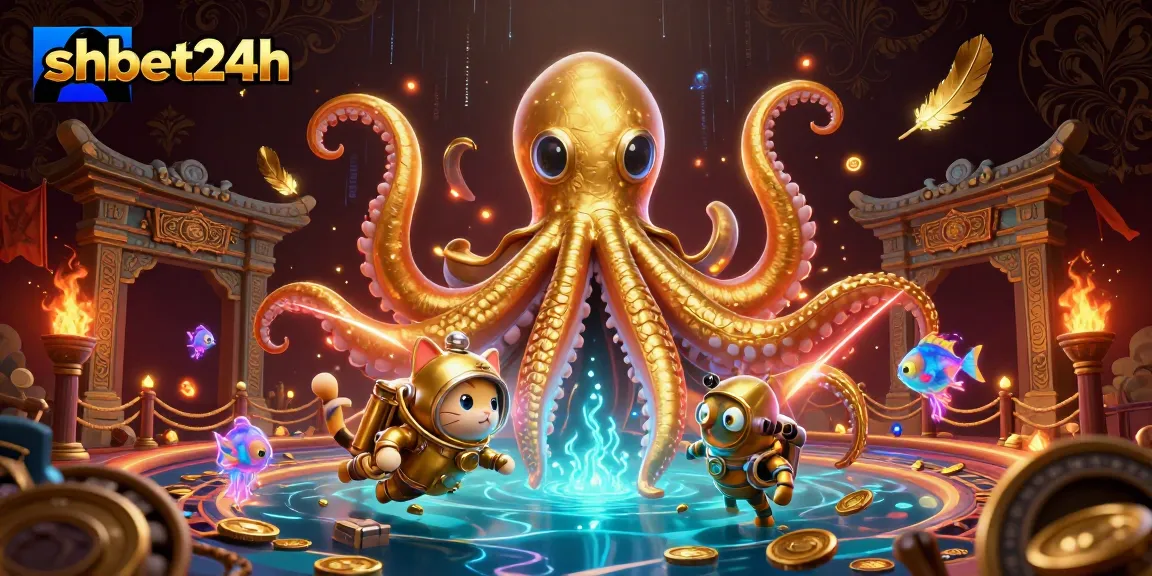 Experience thrilling gameplay with shbet24h, showcasing a 3D kraken and vibrant casino elements.