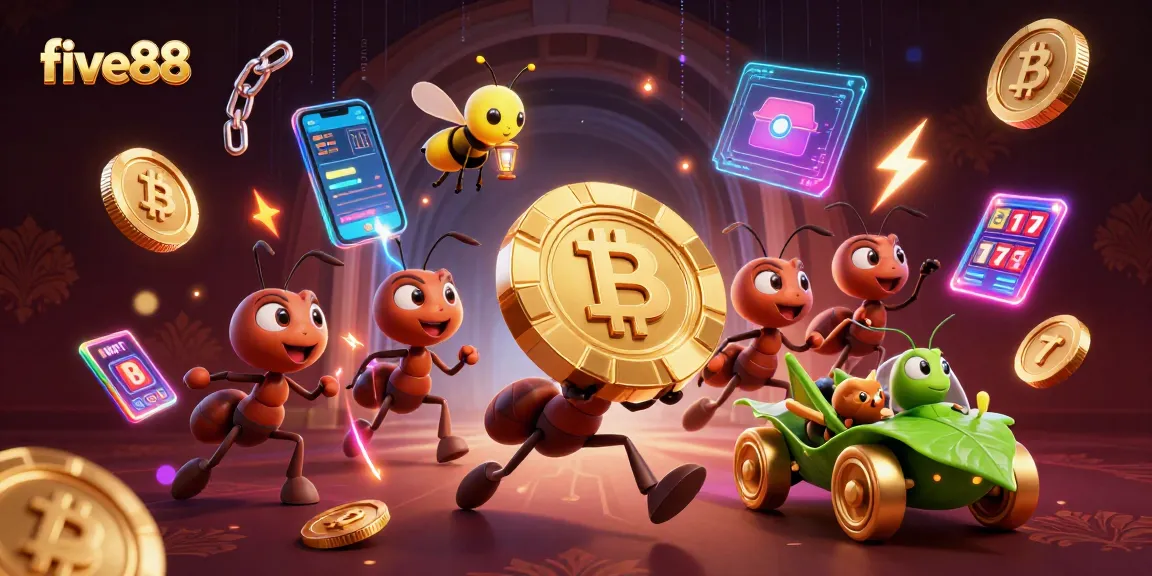 Experience the adventure with five88 as ants heist a giant poker chip in a vibrant casino scene.