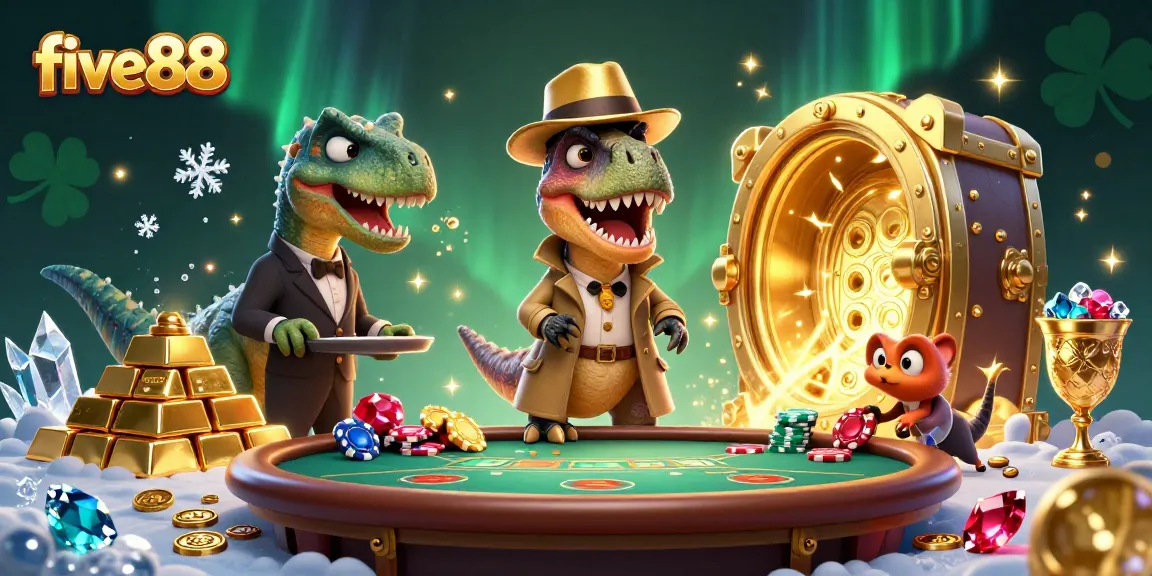 five88 showcases a vibrant casino scene with a velociraptor card counter, a suspicious pit boss, and a sneaky pickpocket amidst treasures.