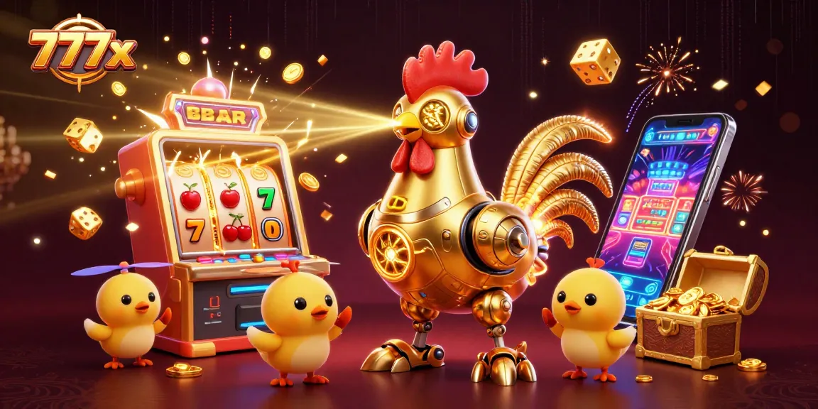 Engage with exciting games at 777x featuring a dynamic golden rooster robot amidst flashy casino elements.