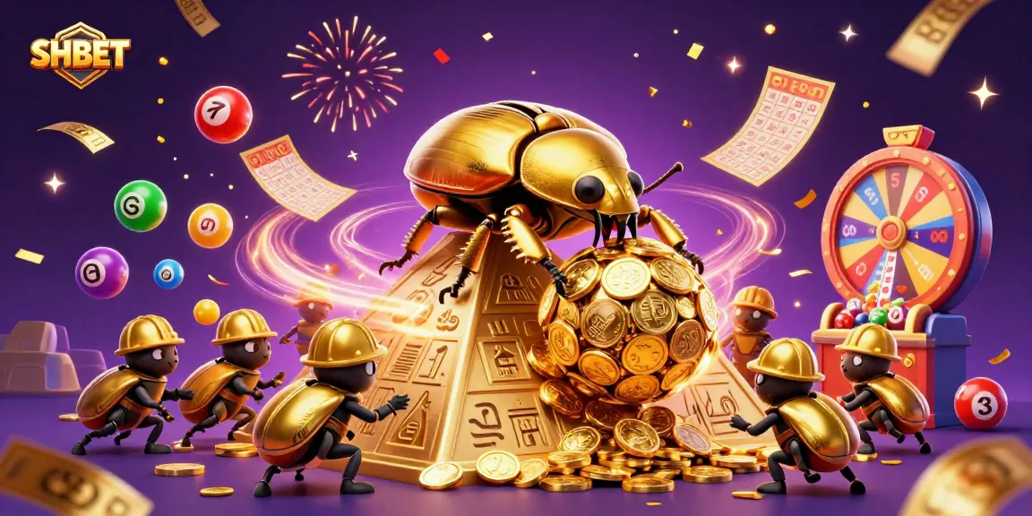 Engage with SHBET’s vibrant scene of a golden dung beetle amidst lottery and gaming excitement.