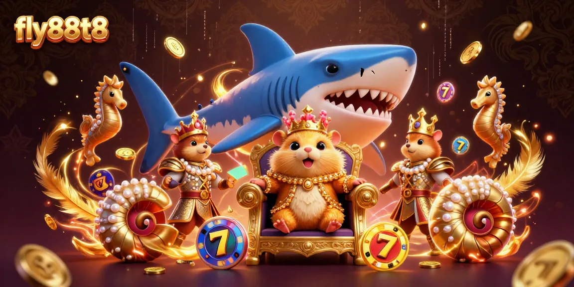 Experience fly88t8's vibrant casino scene featuring the hamster king on a megalodon throne with slot elements.
