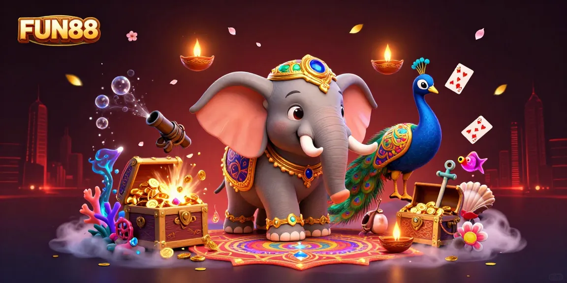 Experience the dynamic excitement of FUN88 with cartoon fun elements, exploding treasures, and casino vibes!