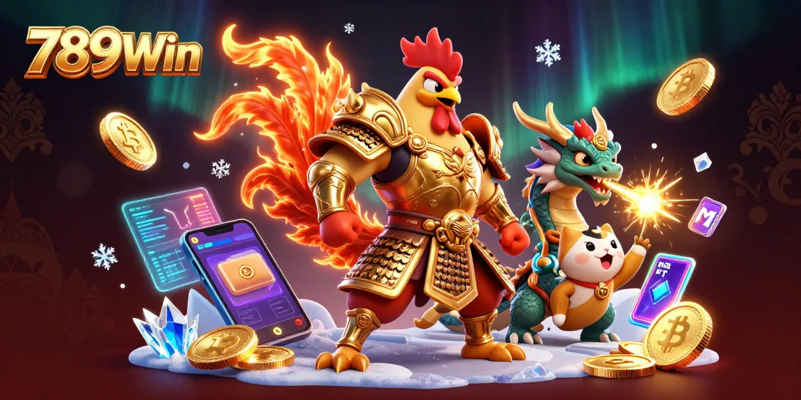 Immerse in the excitement of 789Win with vibrant characters battling amidst golden crypto coins and dazzling effects.