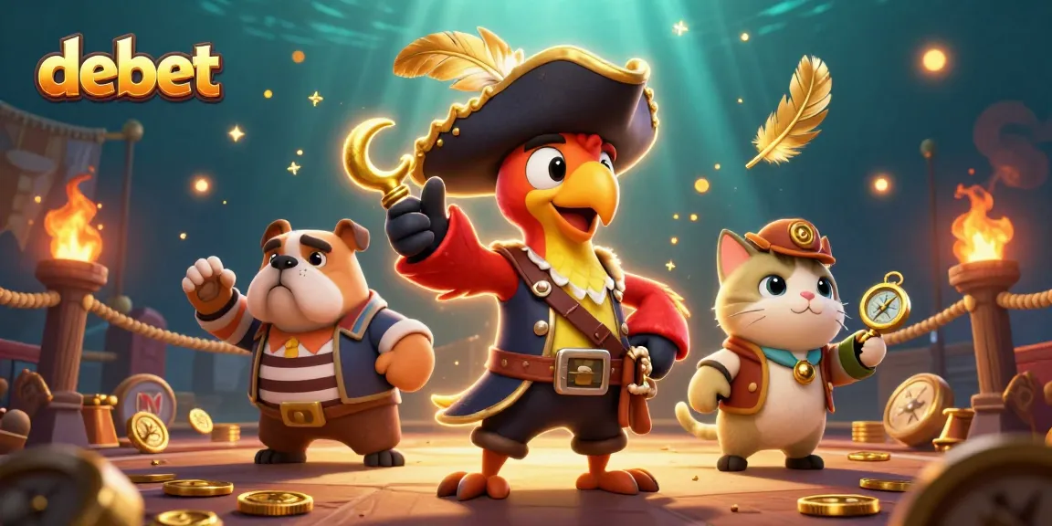 Engage with debet as a thrilling pirate-themed casino adventure featuring a captain, bulldog, and cat amidst coins.