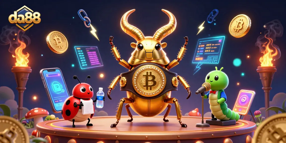 Engage with da88's vibrant crypto casino scene featuring a boxing beetle and dazzling game elements.