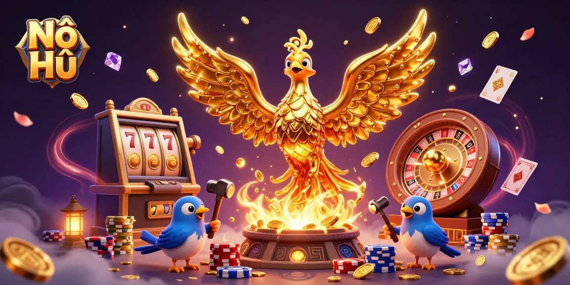 Nổ Hũ showcases a majestic golden phoenix amidst dynamic casino elements, capturing the thrill of winning.