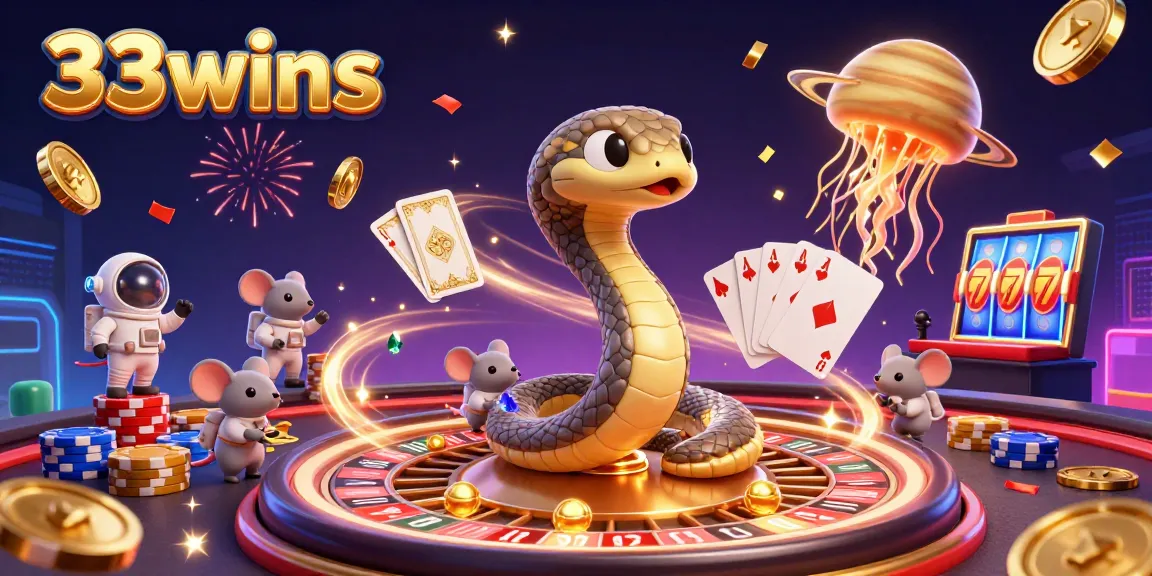 33wins showcases a vibrant 3D casino scene with astronaut mice betting, rich in detail.
